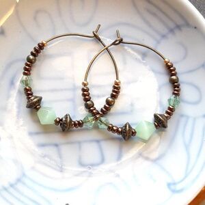 Artisan earrings  493# bohemian Green Mint Crystal Hoop Earrings Antique Bronze